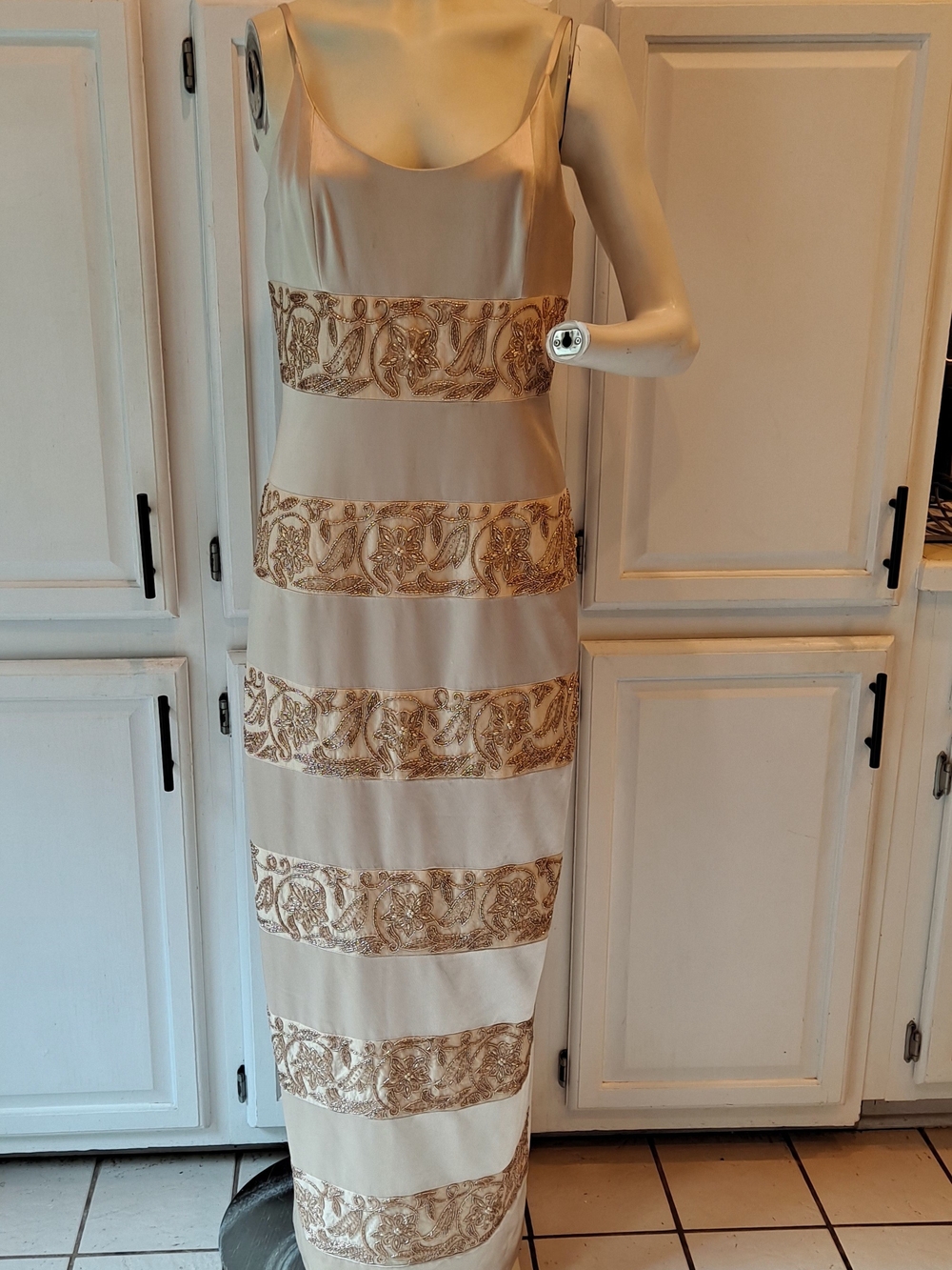 Jovani Cream Gold/Pearl Beaded Stripe Satin Couture Evening Gown Vintage 90s